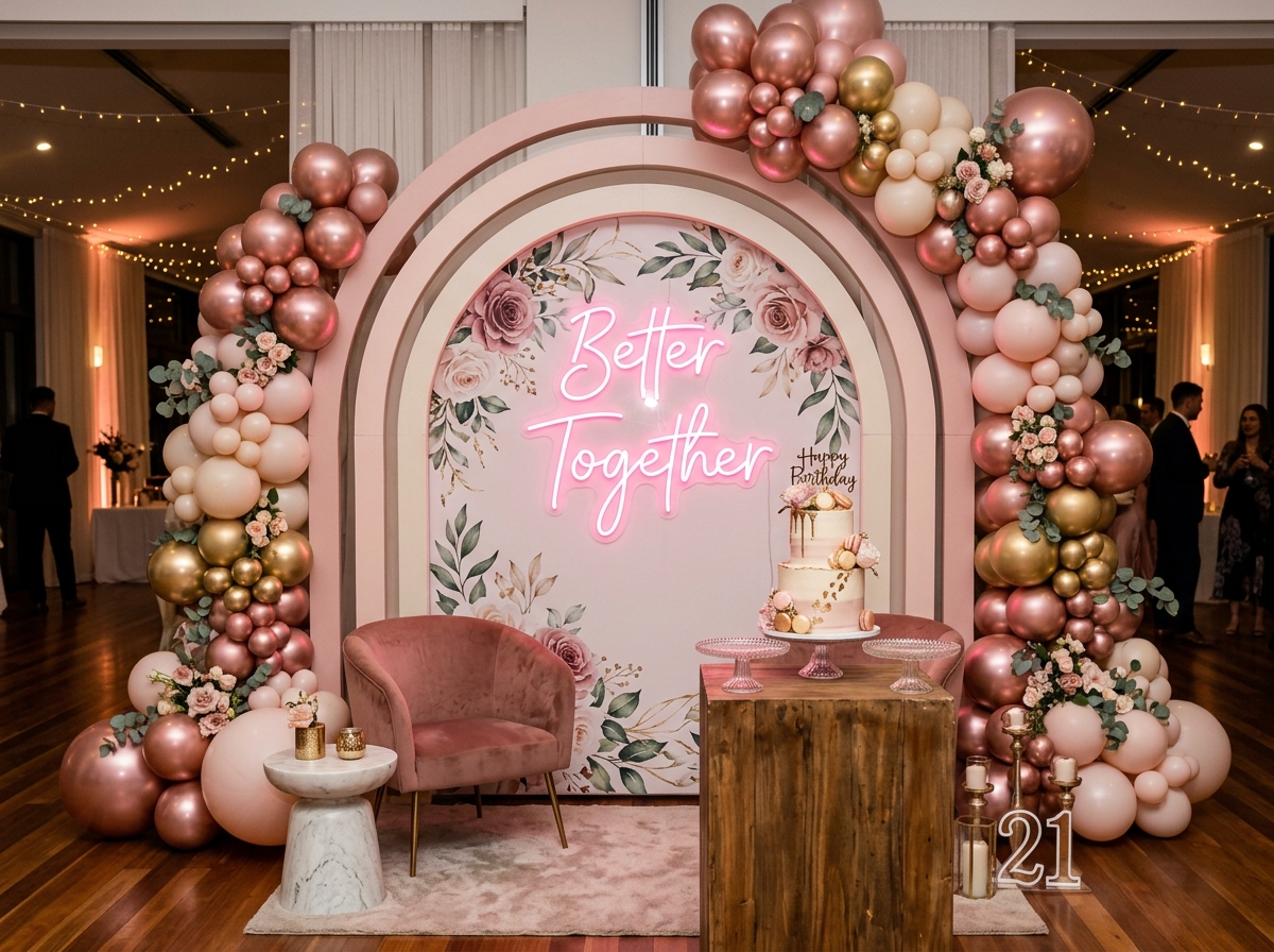 Custom Flex Print Backdrop with Neon Sign and Balloon Framing